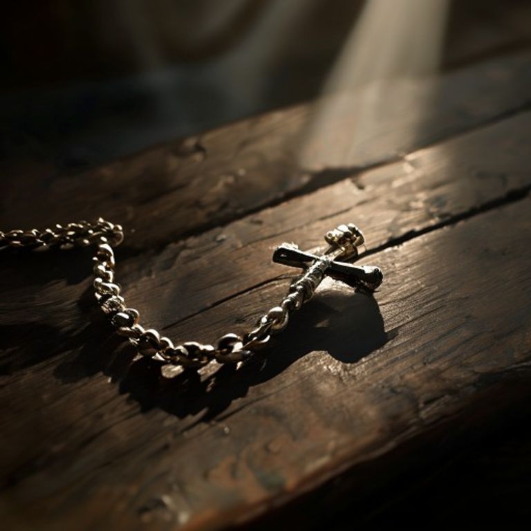 Fotografía macro de un rosario de plata antiguo sobre una mesa de madera, con una luz que ilumina la cruz, simbolizando la oración y la meditación.
