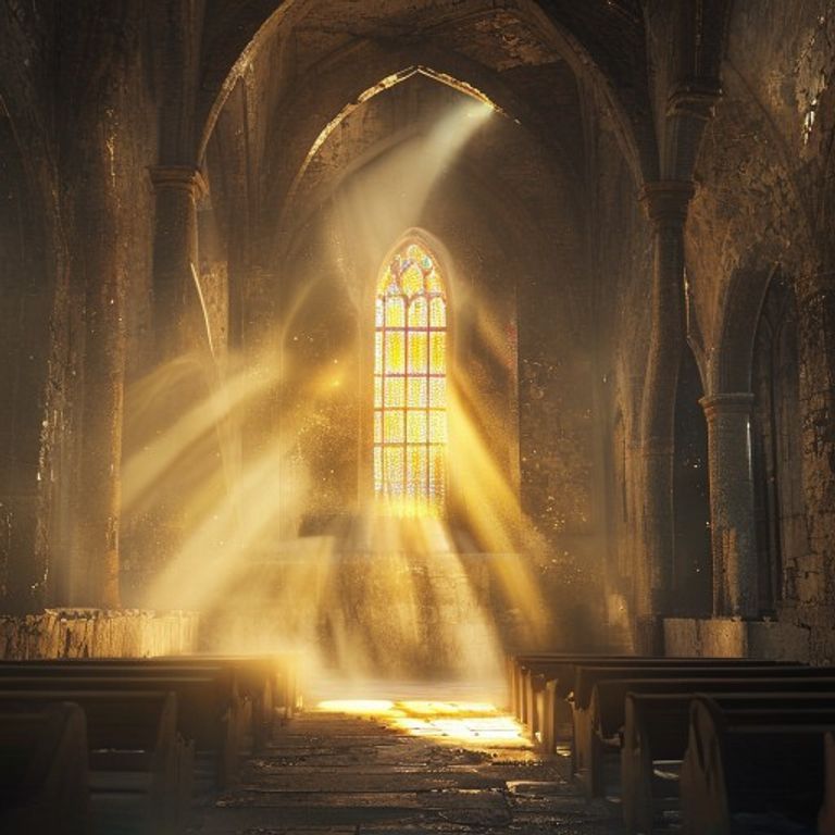 Interior de una capilla de piedra antigua con luz solar entrando por un vitral, creando un ambiente de paz y reflexión espiritual.