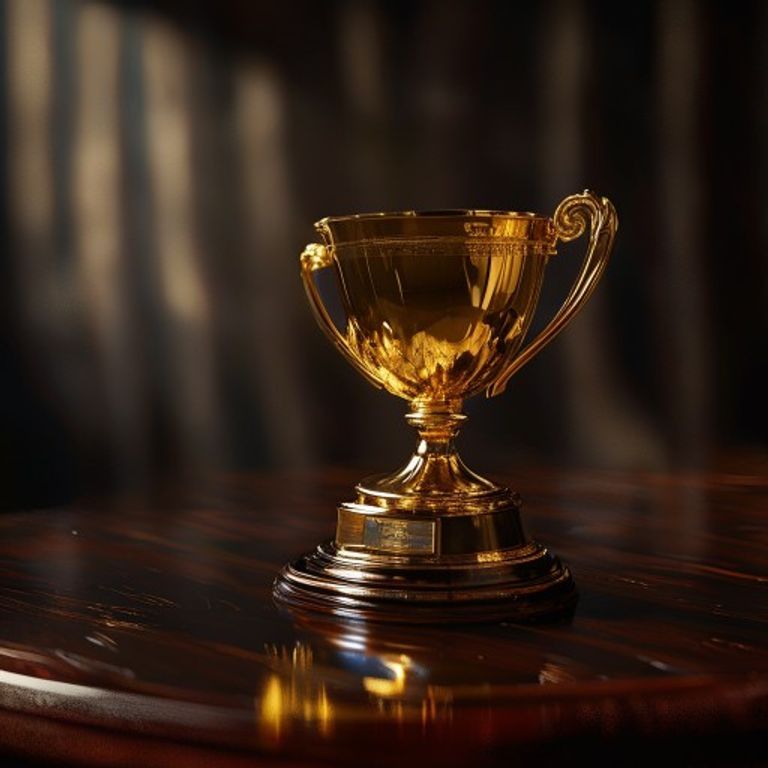 A gleaming golden trophy, intricately designed, reflecting light. It stands as a symbol of achievement, hard work, and the meticulous pursuit of excellence often seen in Rooster personalities.