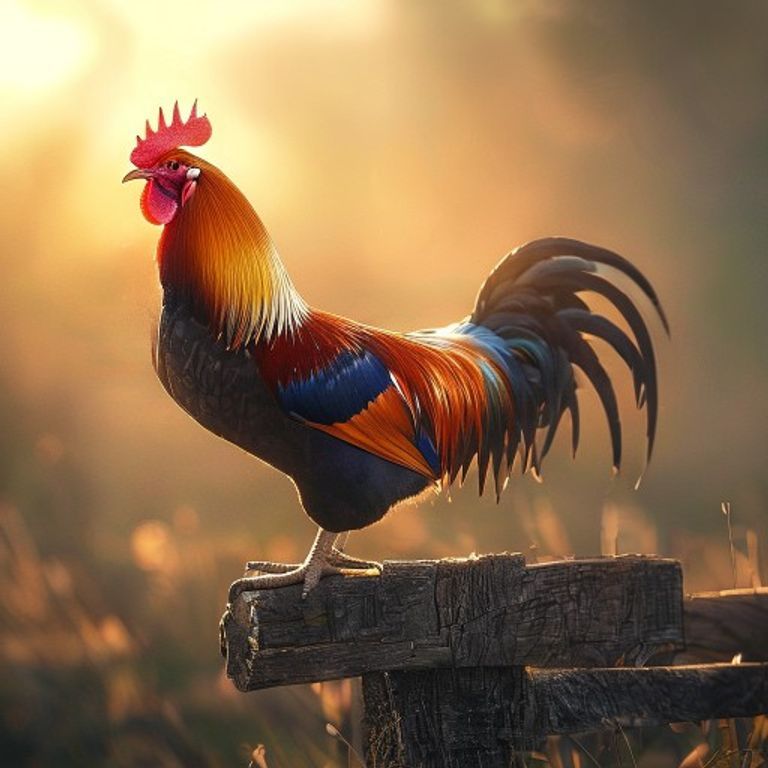 A majestic rooster standing proudly at sunrise, its silhouette against a vibrant sky. The image conveys vigilance, confidence, and the start of a new day, symbolizing the energetic and punctual nature of the Chinese Zodiac Rooster.