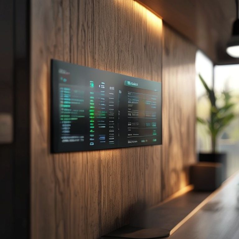 Una interfaz de hogar inteligente que monitoriza el ambiente, mostrando datos de salud, energía y preferencias del usuario para mejorar el bienestar y la eficiencia.