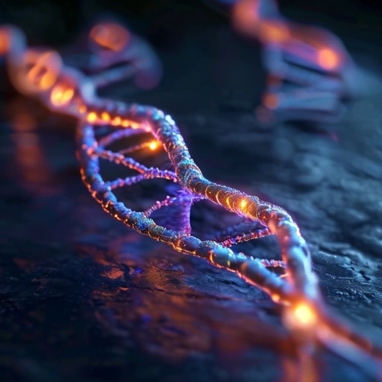 Una imagen macro de una doble hélice de ADN con marcadores brillantes que indican modificaciones epigenéticas en los genes.