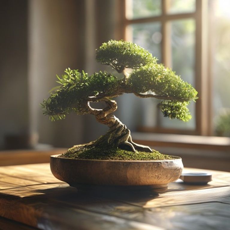 Un delicado bonsai, meticulosamente podado, simbolizando el crecimiento estratégico, la paciencia y la gestión cuidadosa de los recursos para lograr un desarrollo armonioso.