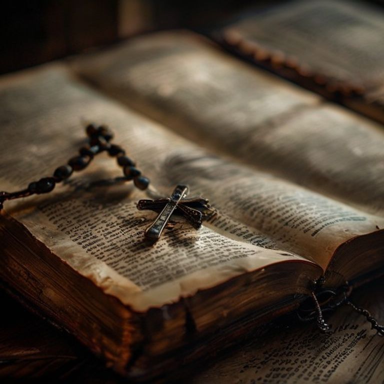 Fotografía macro de un rosario de madera antiguo sobre las páginas de una Biblia abierta, con luz dramática.
