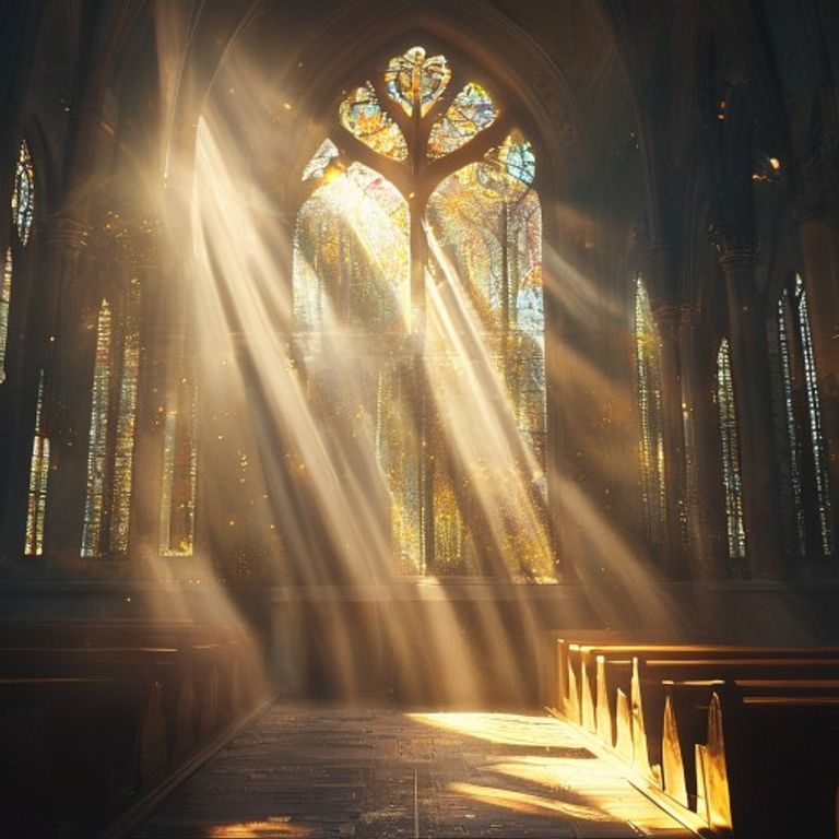 Rayos de luz dorada entrando por un vitral de una capilla, simbolizando la presencia y las gracias divinas.