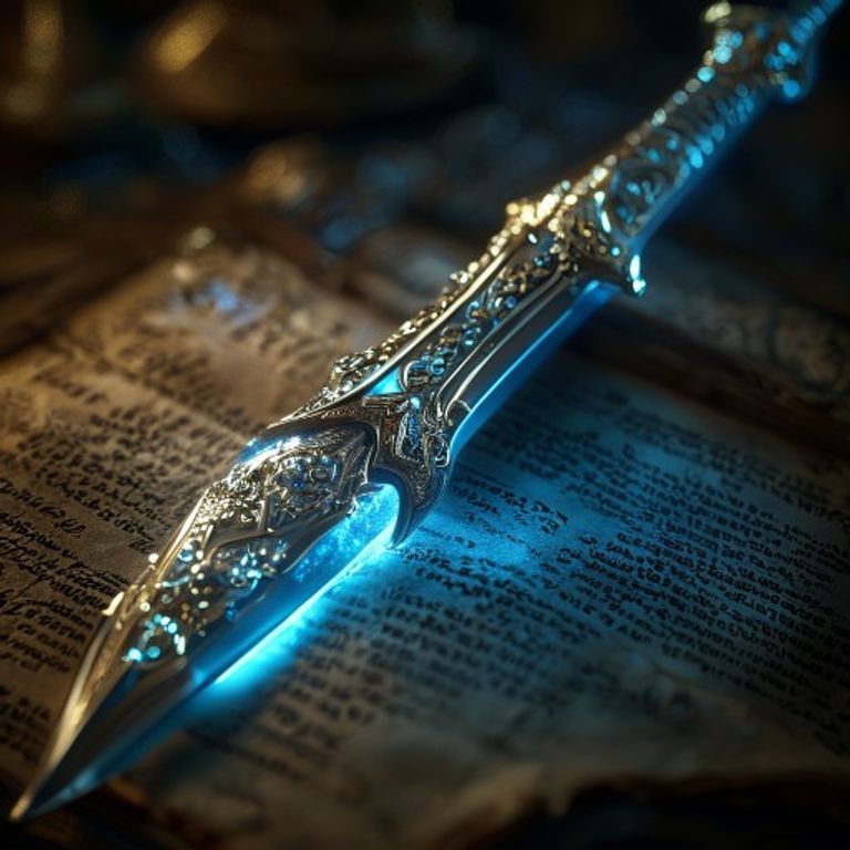 La empuñadura de una espada celestial que emite una luz azul, simbolizando el poder de San Miguel para cortar ataduras negativas.