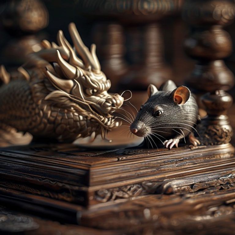 A macro photograph of two finely crafted Chinese chess pieces, a dragon and a rat, positioned on a vintage wooden game board, symbolizing their strategic alliance.