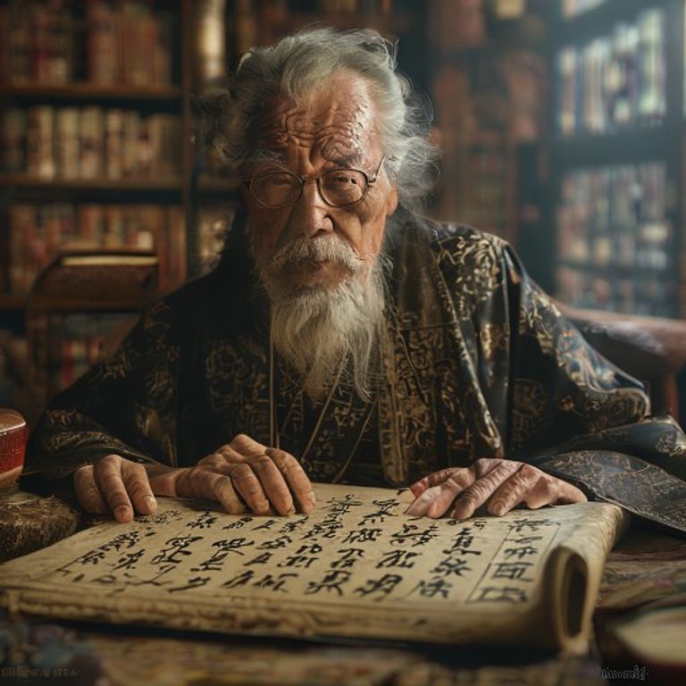 A bust shot of a wise Asian astrologer studying an ancient scroll with zodiac symbols, representing the deep knowledge required for advanced synastry.