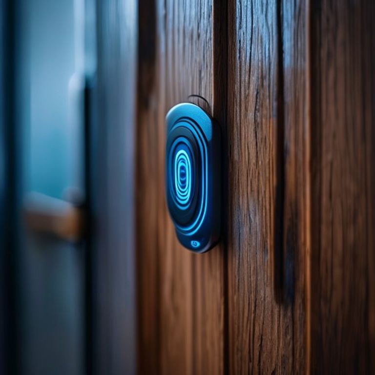 Detalle de una cerradura inteligente biométrica con reconocimiento facial, simbolizando la fusión de seguridad física y digital en los dispositivos IoT.