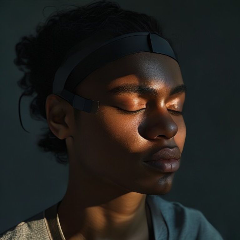 Retrato de una persona con los ojos cerrados en un estado de concentración profunda, utilizando una diadema de neurofeedback minimalista.