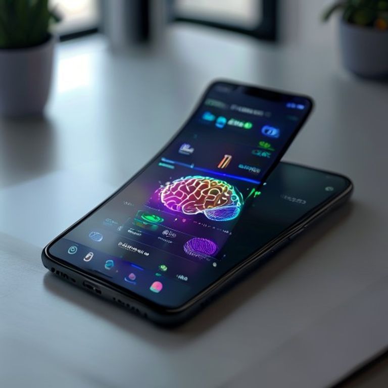 Pantalla de un smartphone mostrando una aplicación de terapia digital con gráficos de ondas cerebrales y progreso, sobre un escritorio.