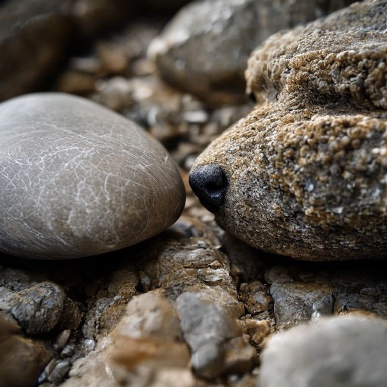 Imagen macro de dos piedras con diferentes texturas en contacto, simbolizando la construcción de confianza y conexión entre la Rata y el Perro.