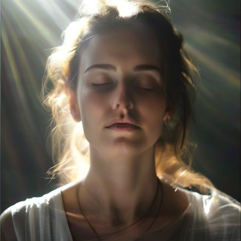 Mujer joven meditando en un entorno sereno, con una expresión de paz y concentración.