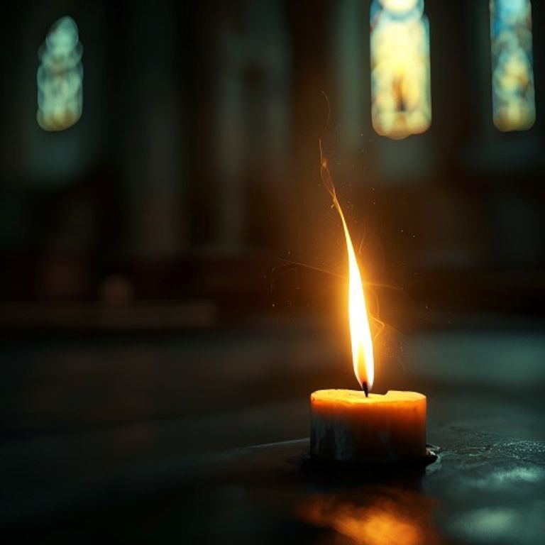 Una vela encendida en la penumbra de una iglesia, con un ambiente de recogimiento y espiritualidad.