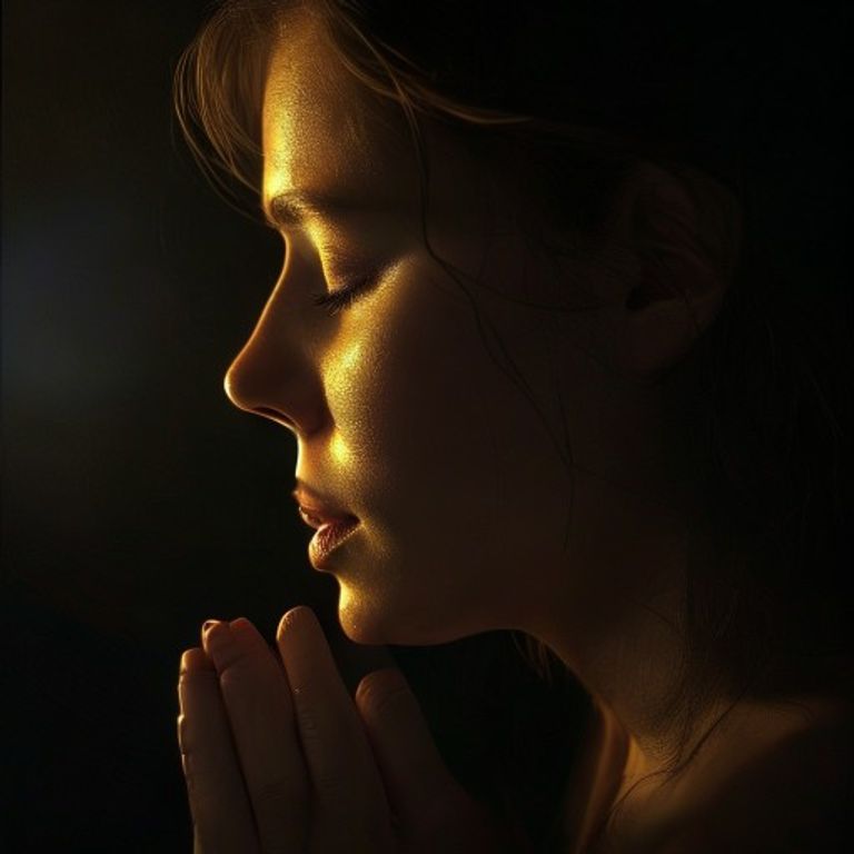 Retrato fotorrealista de una persona con los ojos cerrados en un estado de oración profunda y serena, simbolizando la conexión espiritual.
