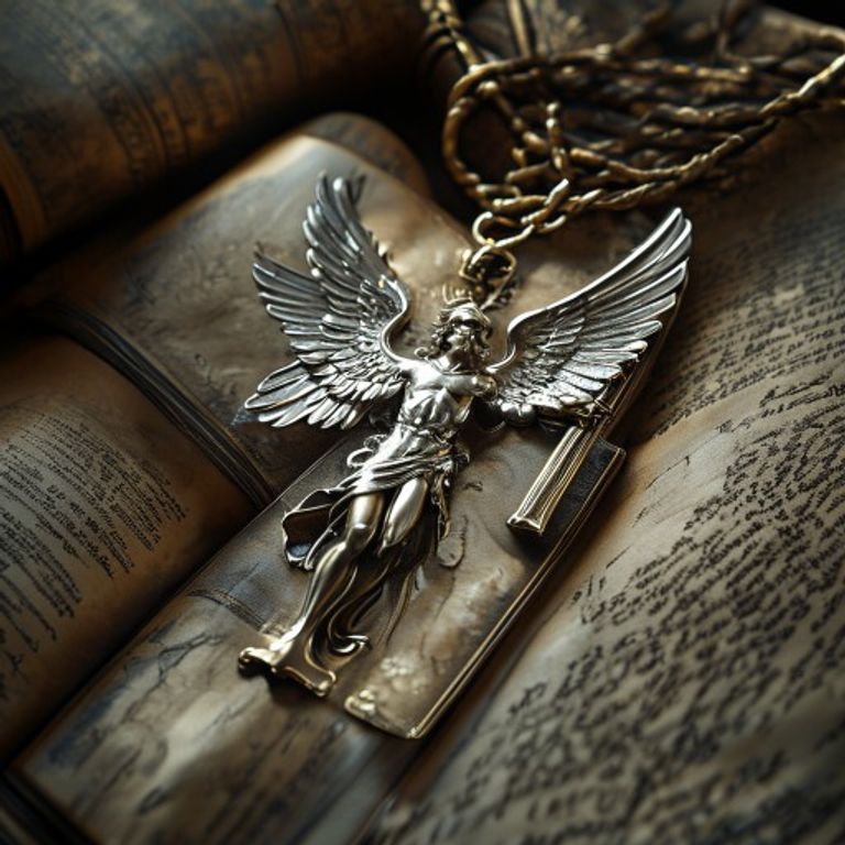 Fotografía macro de una medalla de plata de San Miguel Arcángel sobre una Biblia antigua, iluminada dramáticamente.
