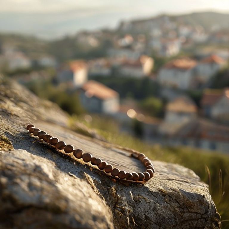 Un rosario de madera descansa sobre una piedra antigua, simbolizando la oración y la penitencia en Medjugorje.