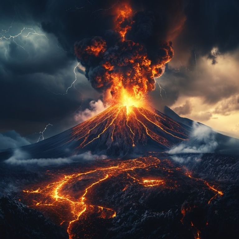 A dramatic and powerful image of a volcano erupting under a stormy sky, symbolizing the potential for fiery and intense ego clashes between the Tiger and Dragon.