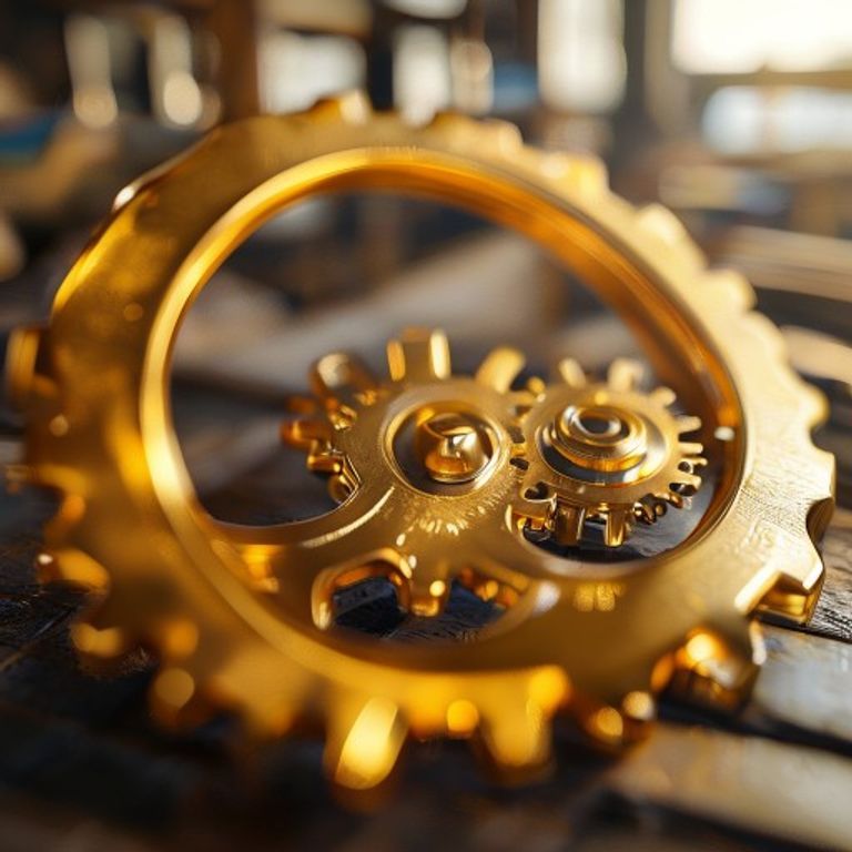A close-up macro shot of two intricate golden gears interlocking perfectly, representing the harmony and shared purpose that Tiger and Dragon can achieve together.