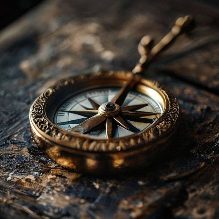 A close-up macro shot of a vintage compass on a dark surface, representing the Tiger's impulsive and sometimes directionless nature.