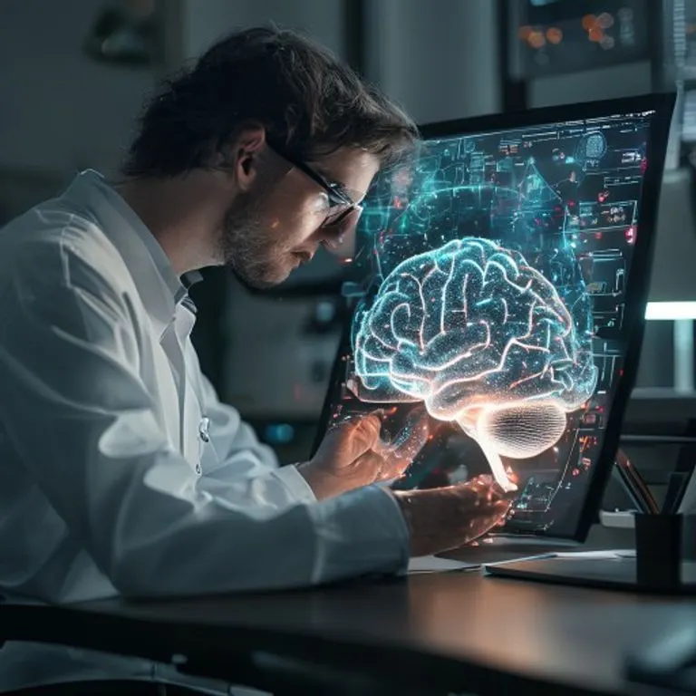 Un neurocientífico examina un holograma tridimensional del cerebro humano, destacando áreas de actividad neuronal relacionadas con la adicción, en un laboratorio futurista.