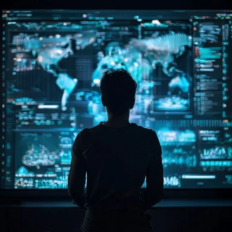 Una persona contemplando datos climáticos complejos en una pantalla, simbolizando la responsabilidad humana y la necesidad de supervisión ética en la era de la IA Ambiental.