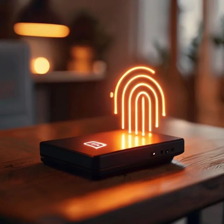Un router Wi-Fi con un candado digital brillante sobre su antena, simbolizando una red doméstica segura.