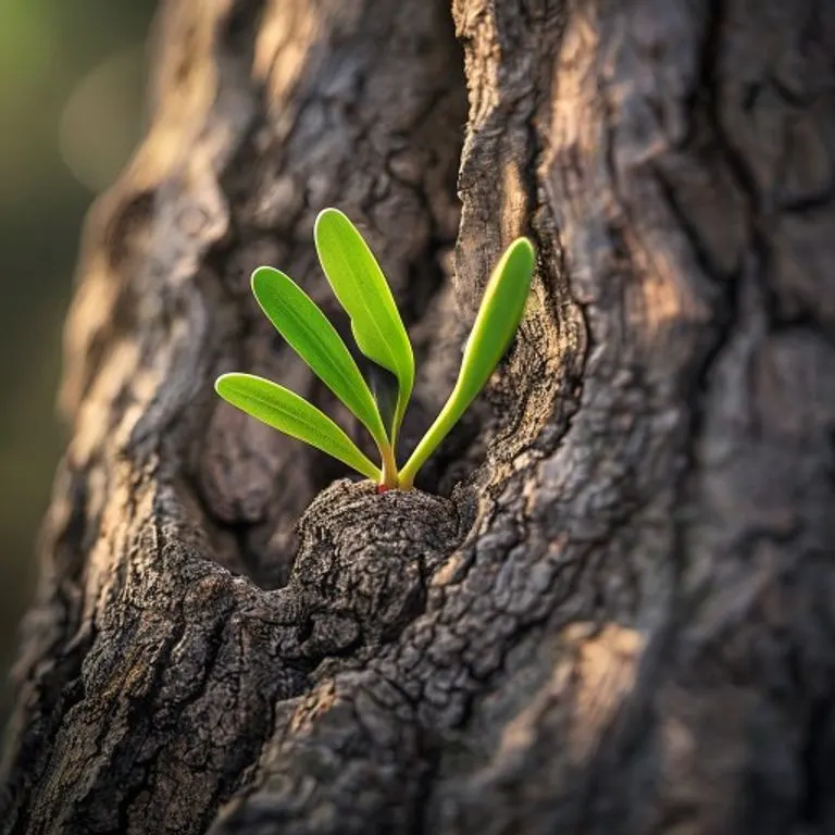 Símbolo del elemento Madera, mostrando un brote nuevo en un árbol viejo, que representa el crecimiento sobre una base de sabiduría.