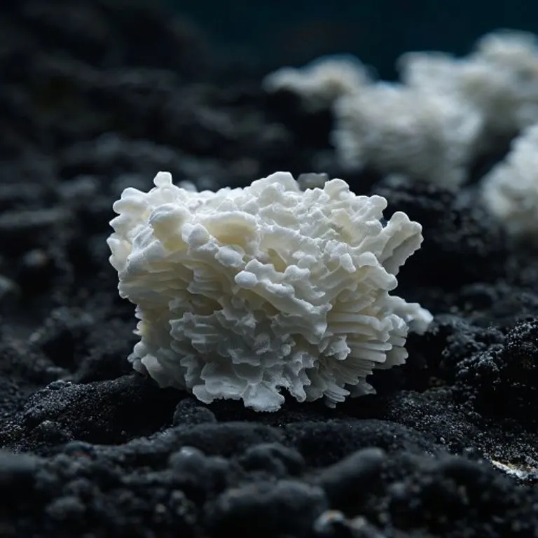 Fotografía macro de un coral blanqueado y sin vida sobre arena negra, representando la acidificación del océano.