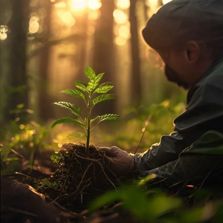 Vista de espaldas de un conservacionista plantando un pequeño árbol en un área de reforestación al amanecer.