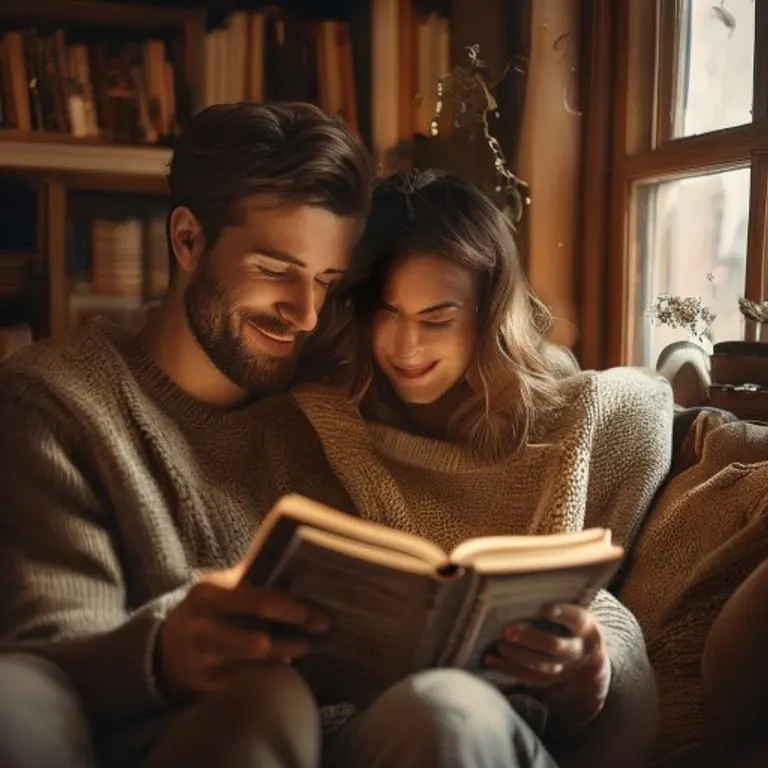 Una pareja en un hogar acogedor. Un hombre lee un libro pacientemente mientras una mujer sonríe mirando por la ventana, transmitiendo seguridad y calidez.