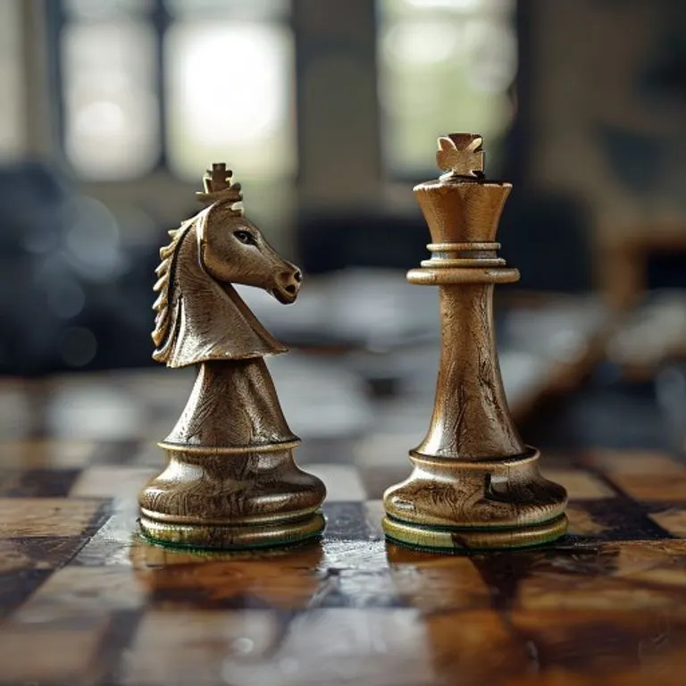 Fotografía macro de dos piezas de ajedrez, un caballo y una torre, juntas sobre un tablero, simbolizando la unión de estrategia y solidez en los negocios.