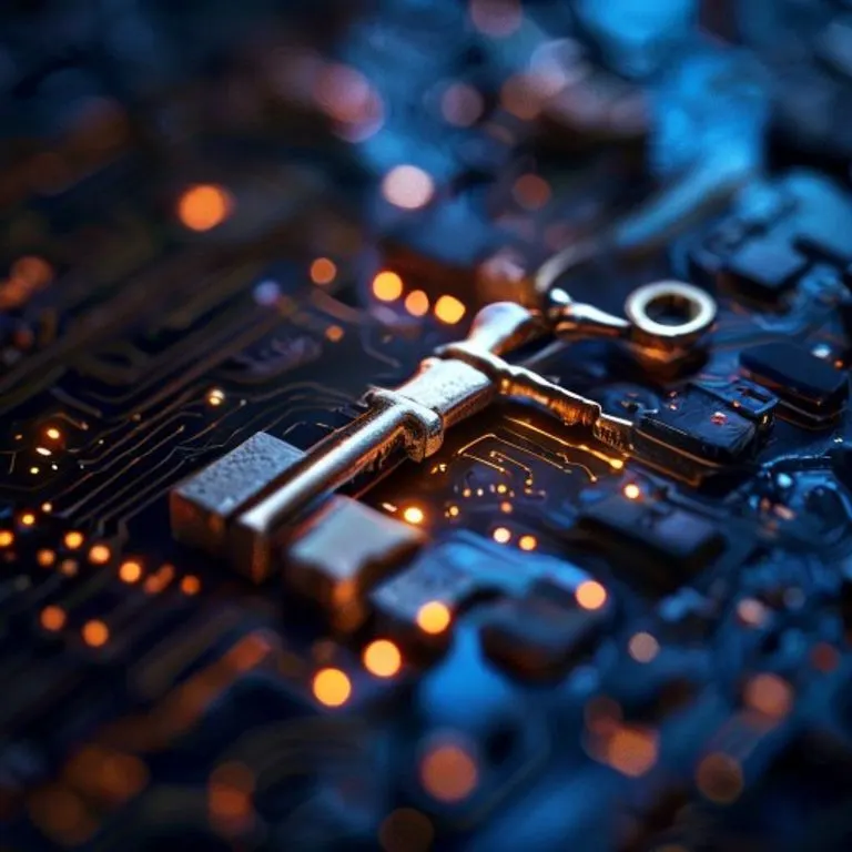 Fotografía cinematográfica de una llave antigua y ornamentada colocada sobre una placa de circuito futurista, con microchips y trazas luminosas. La llave representa el control y la propiedad, mientras que la placa de circuito simboliza el mundo digital y los datos. La iluminación es suave y dramática, con un enfoque nítido en la llave y un fondo ligeramente desenfocado, evocando un sentido de importancia y la delicada balanza entre lo analógico y lo digital.