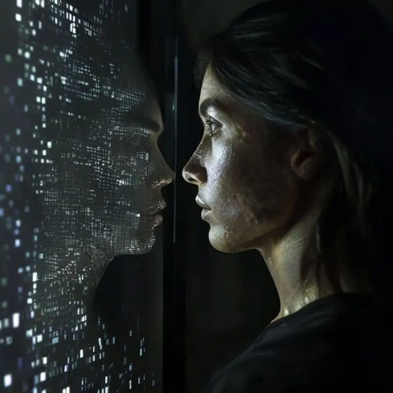 Arte conceptual digital que muestra el reflejo distorsionado y fragmentado de una persona en una pantalla de interfaz de usuario futurista. El reflejo está compuesto por píxeles y líneas de código que se desintegran, simbolizando cómo el sesgo algorítmico puede malinterpretar o fragmentar la identidad digital de un individuo. Los colores son fríos, predominando los azules y morados, con un ambiente de incertidumbre y despersonalización.