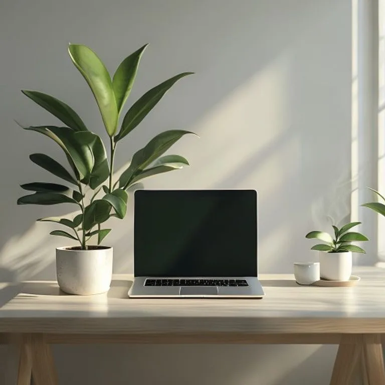 Un escritorio de oficina minimalista con un portátil cerrado, una planta y una taza de té, simbolizando un entorno de trabajo ordenado y la calma de un detox digital.