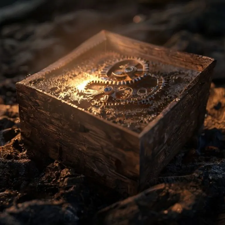 Una composición artística que simboliza la armonía elemental, con una caja de madera sobre tierra de la que emana una luz cálida, revelando engranajes metálicos en su interior.