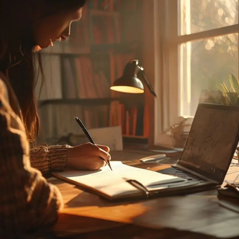Persona escribiendo en un diario con un portátil cerrado al lado, simbolizando una rutina matutina analógica y un hábito digital saludable.
