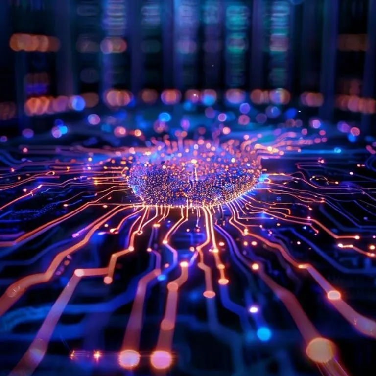 Una imagen macro de un microchip de computadora con intrincados patrones de circuitos que se iluminan en tonos azules y púrpuras, simbolizando el procesamiento de datos en el borde de la red y la inteligencia artificial.