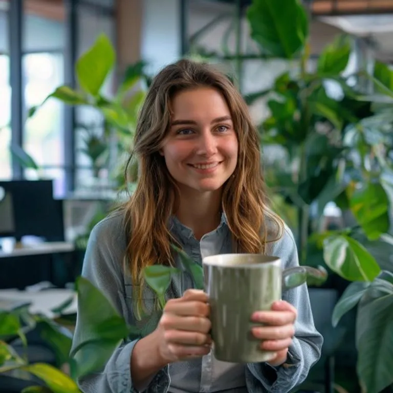Una desarrolladora de software sonríe en un entorno de oficina moderno y luminoso, rodeada de plantas, simbolizando la integración de la sostenibilidad en el desarrollo tecnológico y un enfoque en el bienestar del equipo.