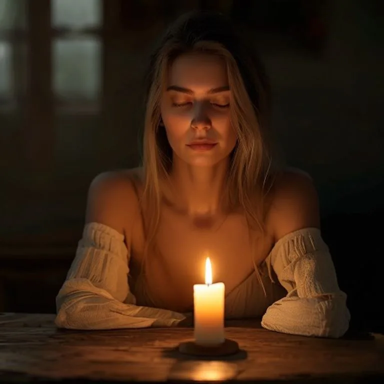 Mujer meditando con una vela encendida en un ambiente sereno, simbolizando la preparación energética y la introspección durante un eclipse.