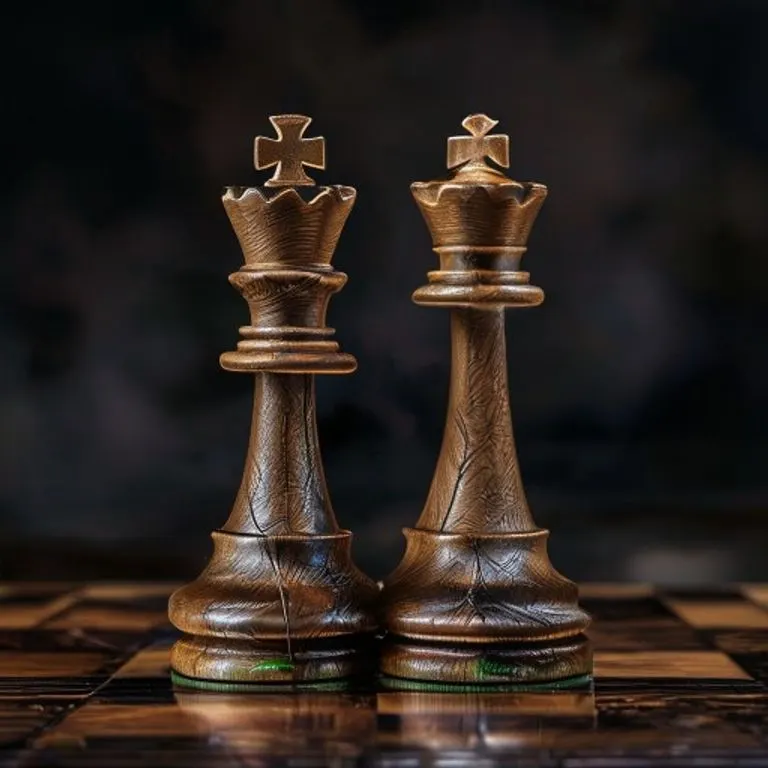 Tablero de ajedrez con piezas de madera dispuestas estratégicamente, representando la búsqueda de alianzas inteligentes y relaciones significativas del Dragón de Madera.