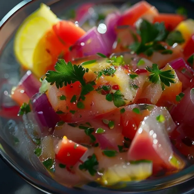 Un plato de ceviche peruano, con pescado blanco fresco marinado en jugo de limón, cebolla morada, cilantro y ají amarillo, presentado de forma gourmet.