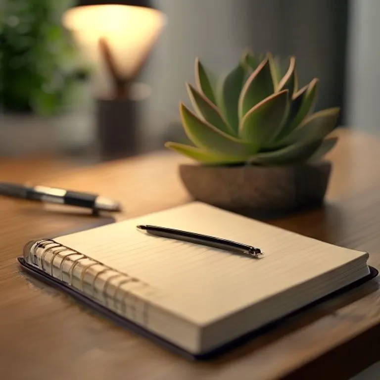 Un escritorio de oficina meticulosamente organizado con un portátil abierto, una agenda, bolígrafos y una planta, simbolizando la gestión del estrés a través de la organización laboral.
