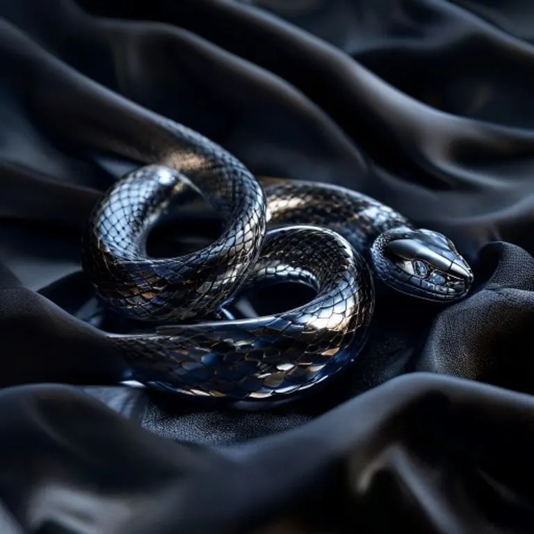 Una escultura de serpiente de acero pulido sobre seda negra, simbolizando la elegancia, precisión y frialdad del elemento Metal.