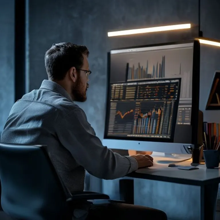 Una persona concentrada analizando gráficos financieros en un monitor, reflejando la mente estratégica y la ambición de la Serpiente de Metal.