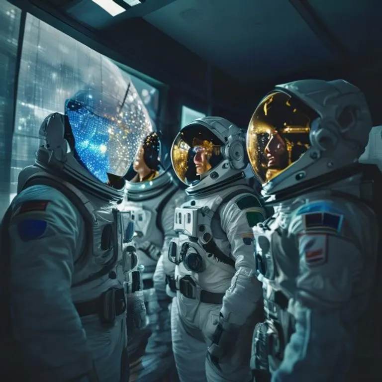 Representación de la colaboración entre agencias espaciales y empresas privadas, con naves espaciales y satélites, simbolizando los nuevos actores en la Carrera Espacial 2.0.
