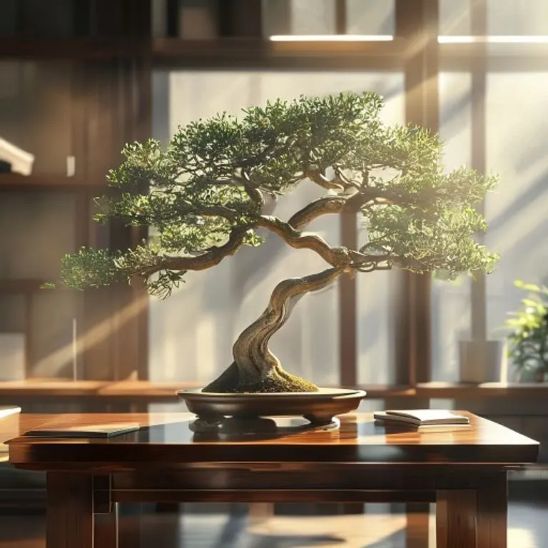 Un árbol bonsái como metáfora del crecimiento paciente y el éxito financiero a largo plazo cultivado por la Serpiente de Tierra.