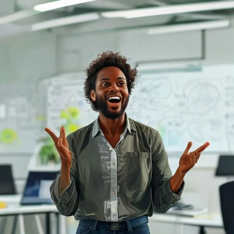 Un profesional de Géminis en su elemento, utilizando sus habilidades de comunicación en una oficina moderna, con gráficos y pantallas que reflejan dinamismo.