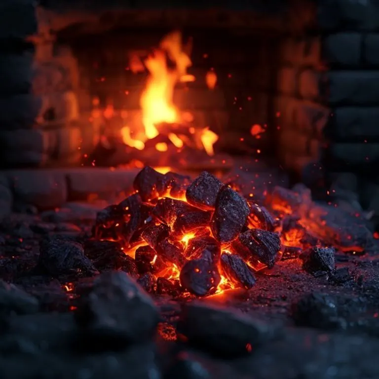 Brasas incandescentes y llamas controladas en una chimenea de piedra, simbolizando la pasión contenida, la energía interna y la capacidad de la Serpiente de Fuego para mantener el control.