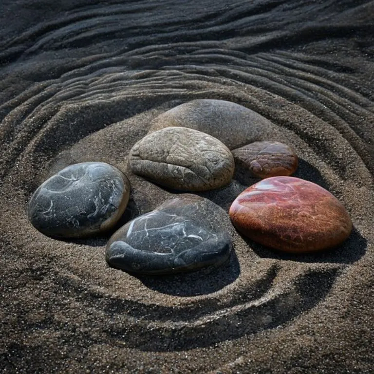 Cinco piedras pulidas representando los elementos Madera, Fuego, Tierra, Metal y Agua